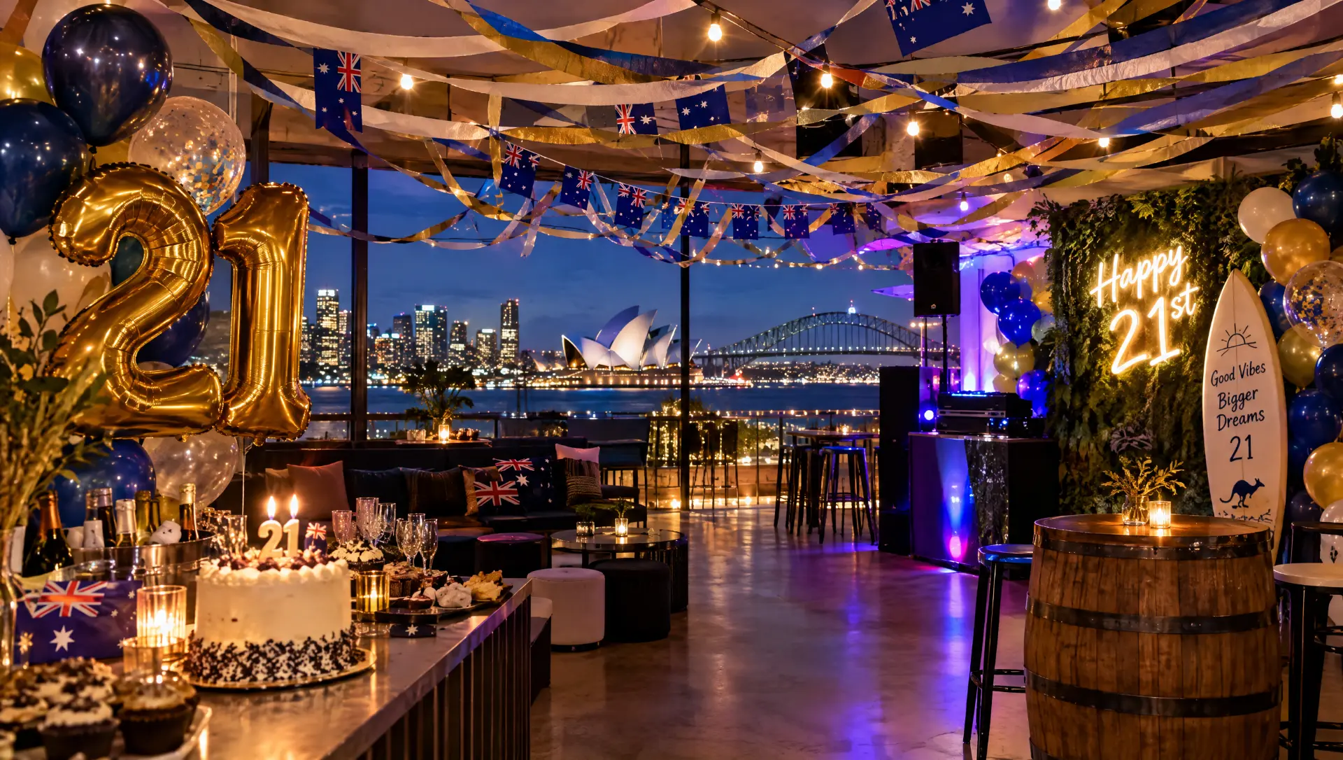 21st birthday party room overlooking Sydney Harbour with a Happy 21st neon sign and birthday cake